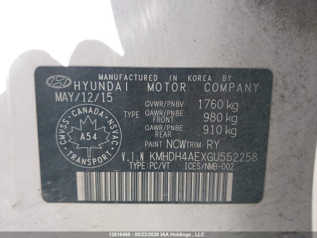 Aukcja sprzedaży 2016 Hyundai Elantra Se/sport/limited, vin: KMHDH4AEXGU552258, numer aukcji: 12616468