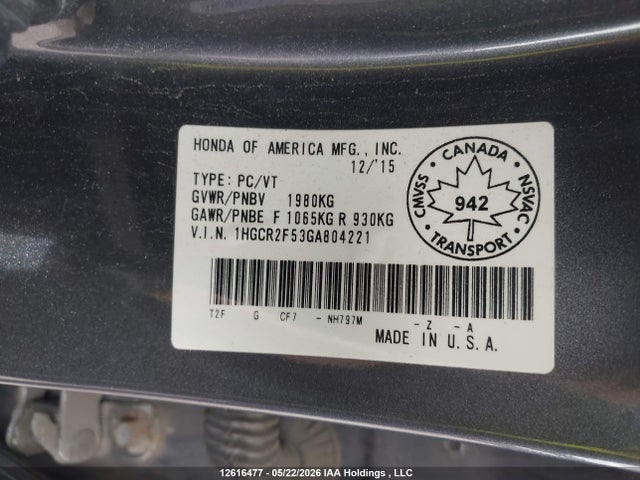 1HGCR2F53GA804221 Honda Accord Sport