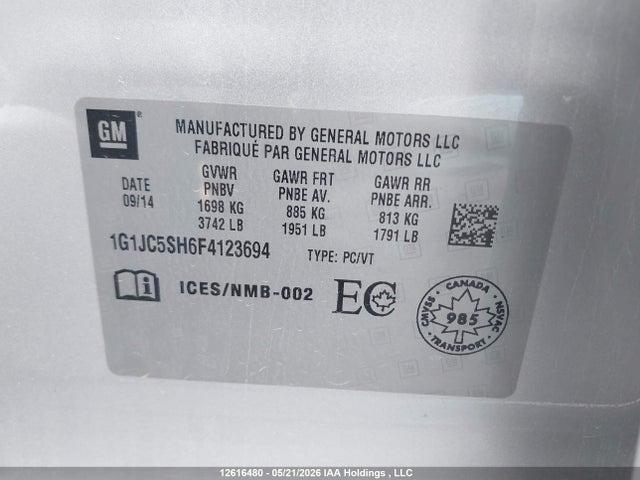 Aukcja sprzedaży 2015 Chevrolet Sonic Lt Auto, vin: 1G1JC5SH6F4123694, numer aukcji: 12616480