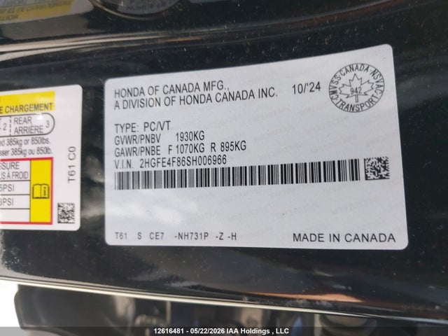 Продаж на аукціоні авто 2025 Honda Civic Sport Hybrid/sport Touring Hybrid, vin: 2HGFE4F86SH006966, номер лоту: 12616481