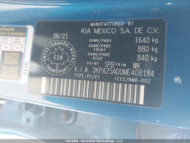 Aukcja sprzedaży 2021 Kia Rio Lx Premium/lx+, vin: 3KPA25AD0ME408184, numer aukcji: 12616484