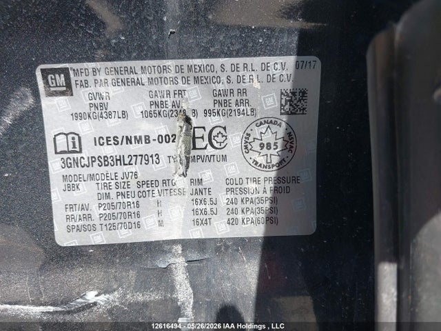 Продажа на аукционе авто 2017 Chevrolet Trax, vin: 3GNCJPSB3HL277913, номер лота: 12616494