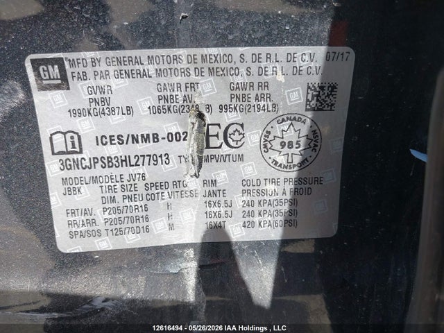 Продажа на аукционе авто 2017 Chevrolet Trax, vin: 3GNCJPSB3HL277913, номер лота: 12616494