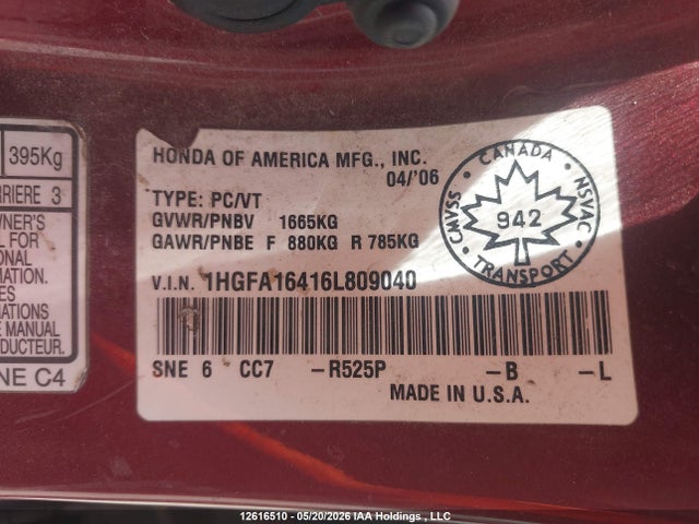 2006 Honda Civic მანქანა იყიდება აუქციონზე, vin: 1HGFA16416L809040, აუქციონის ნომერი: 12616510