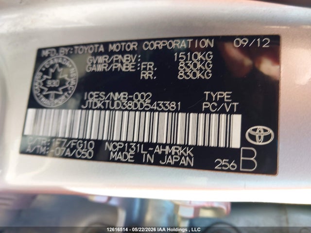 12616514 :رقم المزاد ، JTDKTUD38DD543381 vin ، 2013 Toyota Yaris مزاد بيع