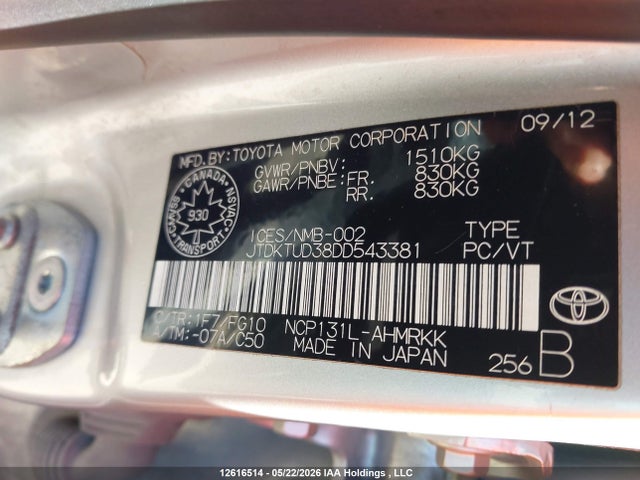 12616514 :رقم المزاد ، JTDKTUD38DD543381 vin ، 2013 Toyota Yaris مزاد بيع