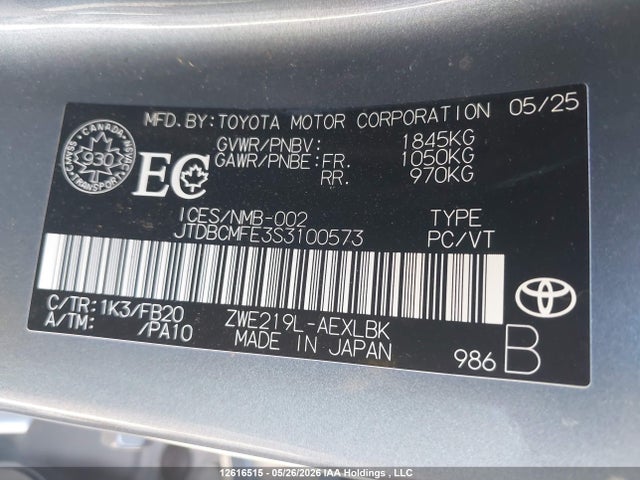 12616515 :رقم المزاد ، JTDBCMFE3S3100573 vin ، 2025 Toyota Corolla Hybrid Le مزاد بيع