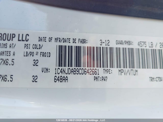 12616539 :رقم المزاد ، 1C4NJDAB9CD642661 vin ، 2012 Jeep Compass مزاد بيع