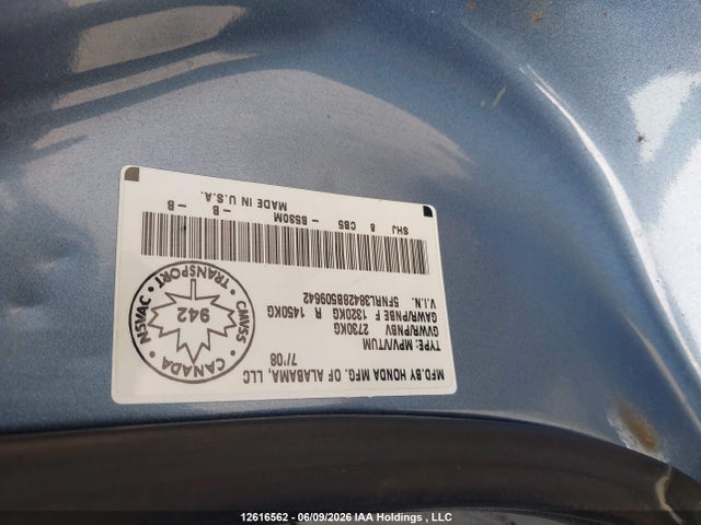 12616562 :رقم المزاد ، 5FNRL38428B509642 vin ، 2008 Honda Odyssey Ex مزاد بيع