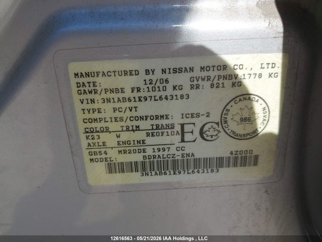 Aukcja sprzedaży 2007 Nissan Sentra 2.0, vin: 3N1AB61E97L643183, numer aukcji: 12616563