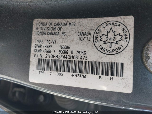 2012 Honda Civic Lx მანქანა იყიდება აუქციონზე, vin: 2HGFB2F44CH061475, აუქციონის ნომერი: 12616572