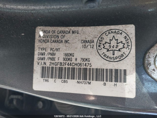 2012 Honda Civic Lx მანქანა იყიდება აუქციონზე, vin: 2HGFB2F44CH061475, აუქციონის ნომერი: 12616572