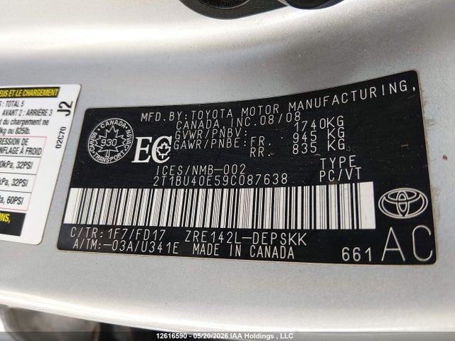 12616590 :رقم المزاد ، 2T1BU40E59C087638 vin ، 2009 Toyota Corolla S/le/xle مزاد بيع