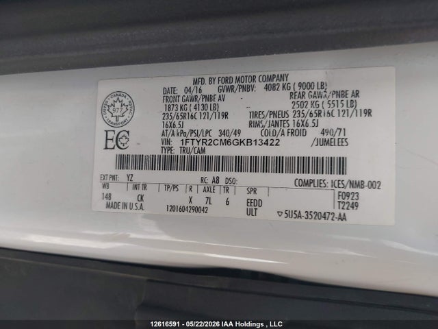Продаж на аукціоні авто 2016 Ford Transit T-250, vin: 1FTYR2CM6GKB13422, номер лоту: 12616591