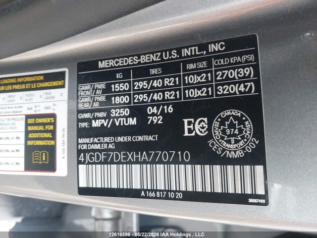 12616596 :رقم المزاد ، 4JGDF7DEXHA770710 vin ، 2017 Mercedes-benz Gls 550 4matic مزاد بيع