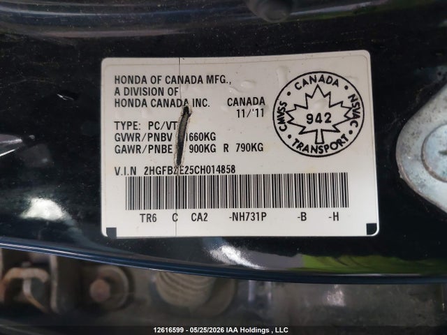 Продаж на аукціоні авто 2012 Honda Civic Dx, vin: 2HGFB2E25CH014858, номер лоту: 12616599