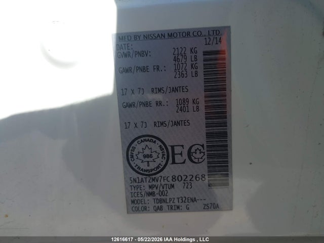5N1AT2MV7FC802268 Nissan Rogue S/sl/sv