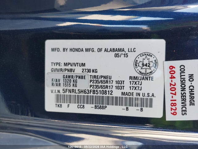 Honda ODYSSEY EXL 2015 5FNRL5H63FB510812 Image 9