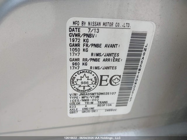 12616632 :رقم المزاد ، JN8AS5MT5DW035107 vin ، 2013 Nissan Rogue S/sv مزاد بيع