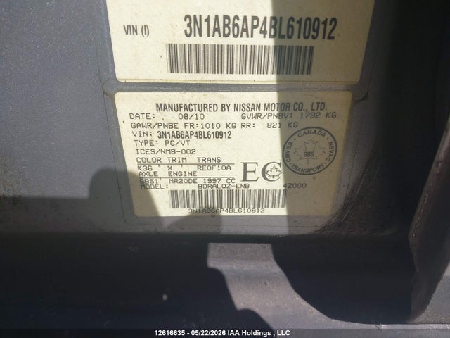 Продажа на аукционе авто 2011 Nissan Sentra, vin: 3N1AB6AP4BL610912, номер лота: 12616635