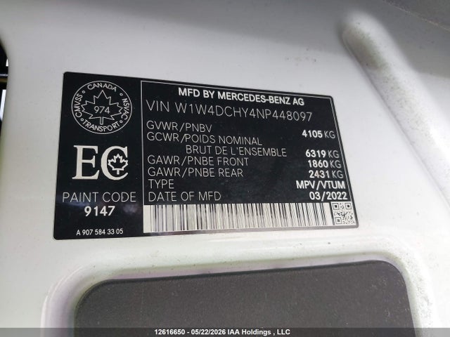 2022 Mercedes-benz Sprinter 2500 მანქანა იყიდება აუქციონზე, vin: W1W4DCHY4NP448097, აუქციონის ნომერი: 12616650