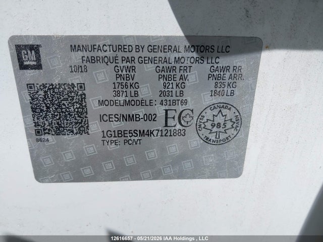 12616657 :رقم المزاد ، 1G1BE5SM4K7121883 vin ، 2019 Chevrolet Cruze Lt مزاد بيع
