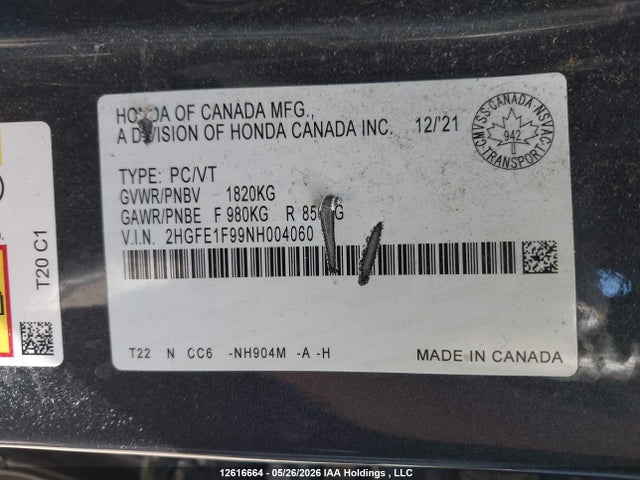 Honda Civic Touring 2022 2HGFE1F99NH004060 Image 9