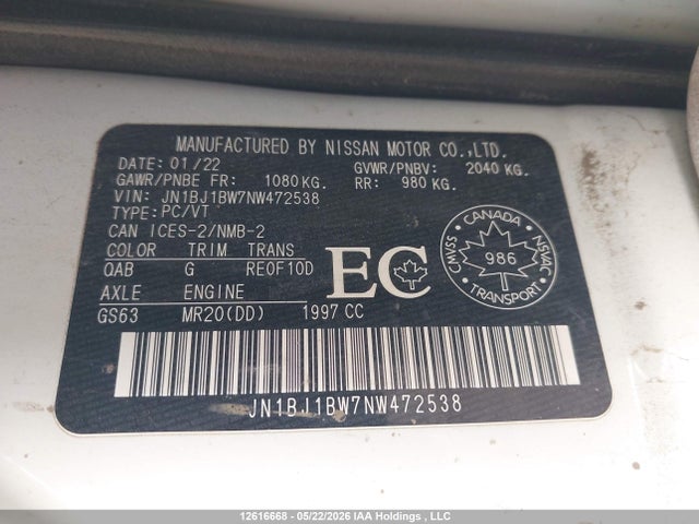 12616668 :رقم المزاد ، JN1BJ1BW7NW472538 vin ، 2022 Nissan Qashqai Sl/sv مزاد بيع