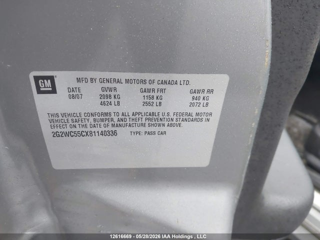 12616669 :رقم المزاد ، 2G2WC55CX81140336 vin ، 2008 Pontiac Grand Prix مزاد بيع