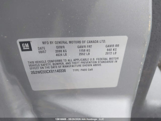 12616669 :رقم المزاد ، 2G2WC55CX81140336 vin ، 2008 Pontiac Grand Prix مزاد بيع