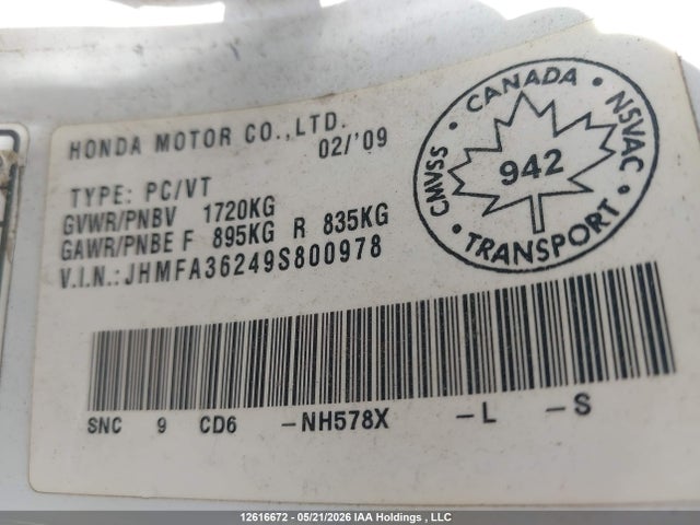 2009 Honda Civic Hybrid მანქანა იყიდება აუქციონზე, vin: JHMFA36249S800978, აუქციონის ნომერი: 12616672