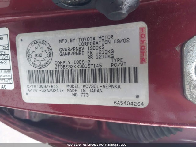 12616679 :رقم المزاد ، JTDBE32KX30157145 vin ، 2003 Toyota Camry مزاد بيع