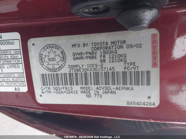 12616679 :رقم المزاد ، JTDBE32KX30157145 vin ، 2003 Toyota Camry مزاد بيع