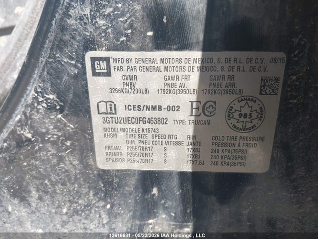12616681 :رقم المزاد ، 3GTU2UEC0FG463802 vin ، 2015 Gmc Sierra 1500 Sle مزاد بيع