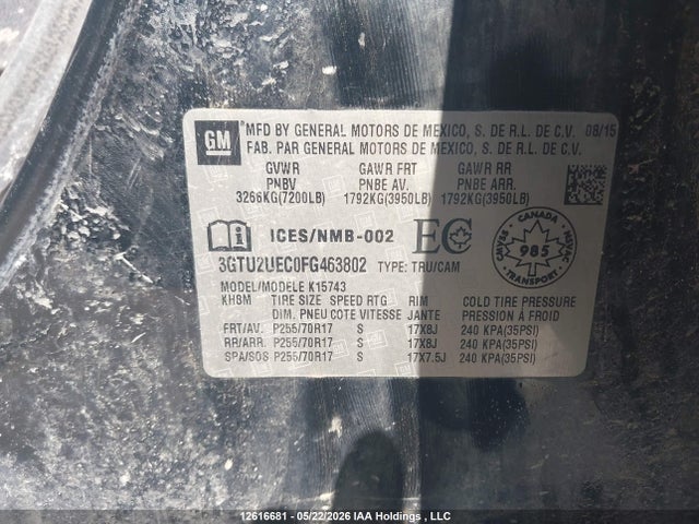 12616681 :رقم المزاد ، 3GTU2UEC0FG463802 vin ، 2015 Gmc Sierra 1500 Sle مزاد بيع