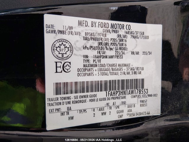 12616684 :رقم المزاد ، 1FAHP3HN1AW178553 vin ، 2010 Ford Focus مزاد بيع