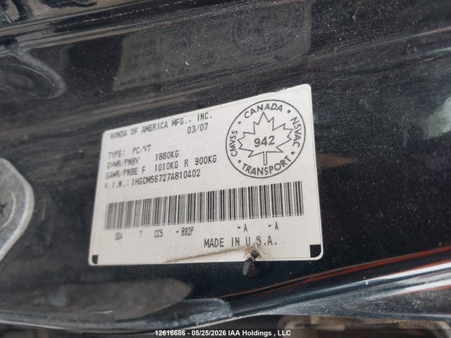 12616686 :رقم المزاد ، 1HGCM56727A810402 vin ، 2007 Honda Accord مزاد بيع