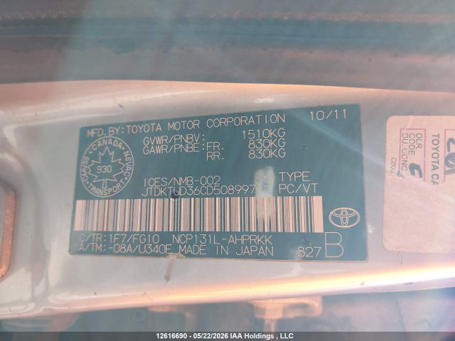 Продажа на аукционе авто 2012 Toyota Yaris, vin: JTDKTUD36CD508997, номер лота: 12616690