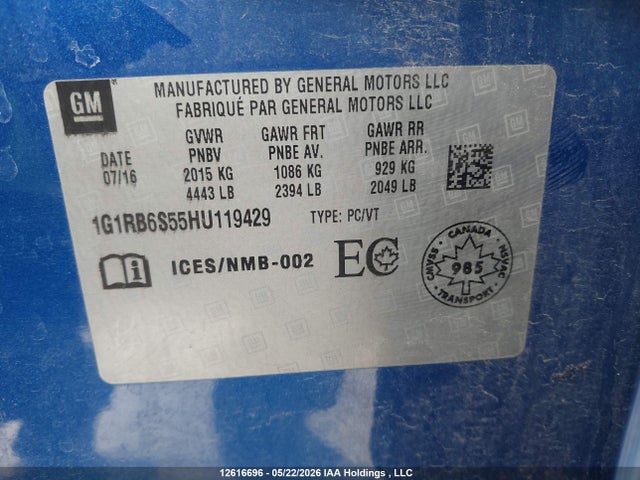 12616696 :رقم المزاد ، 1G1RB6S55HU119429 vin ، 2017 Chevrolet Volt مزاد بيع