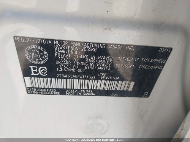 Продажа на аукционе авто 2015 Toyota Rav4 Xle, vin: 2T3WFREV6FW174631, номер лота: 12616697