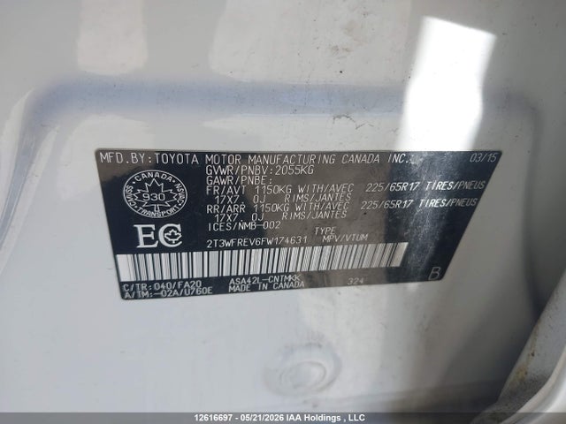 Продажа на аукционе авто 2015 Toyota Rav4 Xle, vin: 2T3WFREV6FW174631, номер лота: 12616697