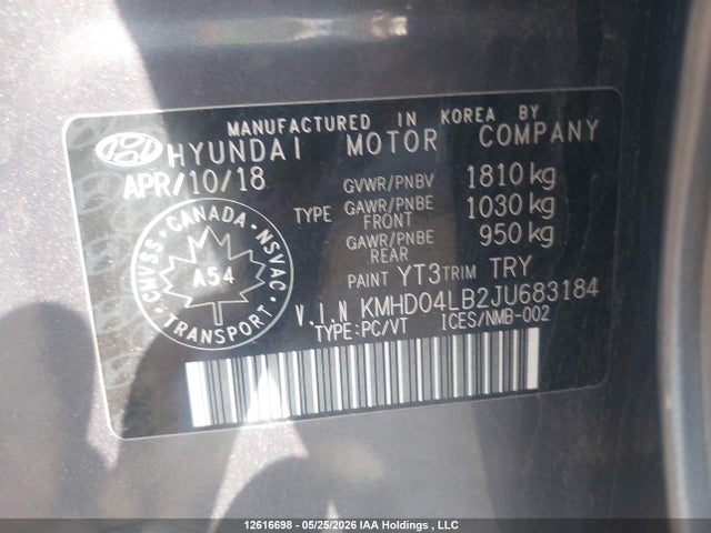 12616698 :رقم المزاد ، KMHD04LB2JU683184 vin ، 2018 Hyundai Elantra Sport مزاد بيع