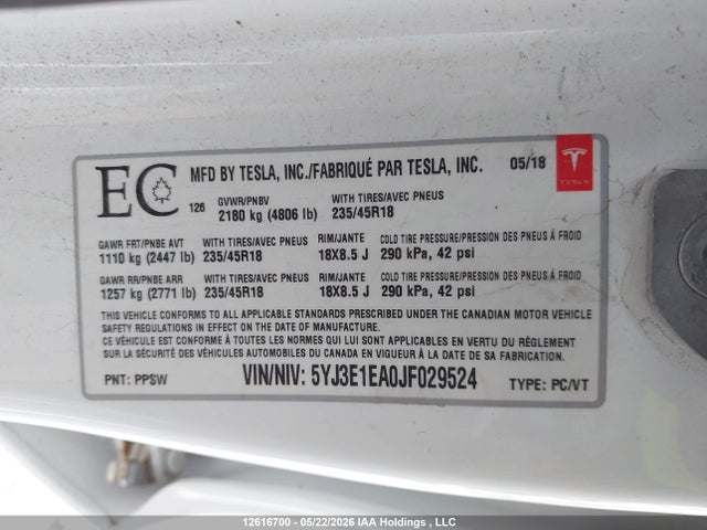 Aukcja sprzedaży 2018 Tesla Model 3, vin: 5YJ3E1EA0JF029524, numer aukcji: 12616700