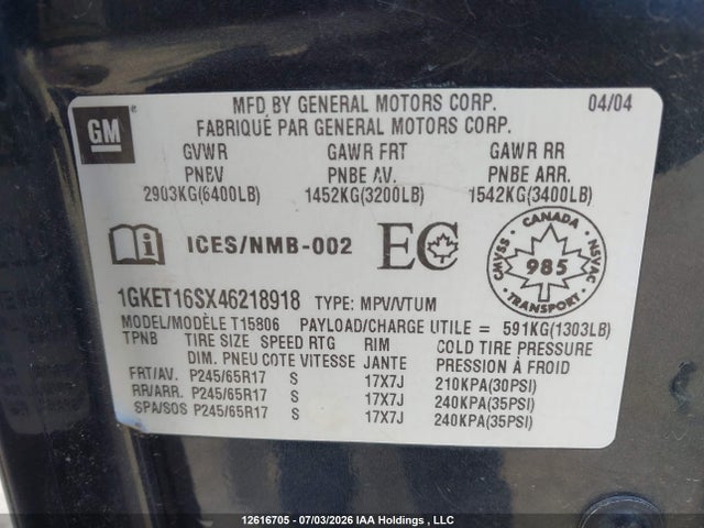 Aukcja sprzedaży 2004 Gmc Envoy Xl, vin: 1GKET16SX46218918, numer aukcji: 12616705