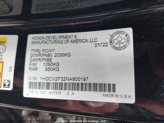Aukcja sprzedaży 2022 Honda Accord Sport, vin: 1HGCV2F32NA800197, numer aukcji: 12616711