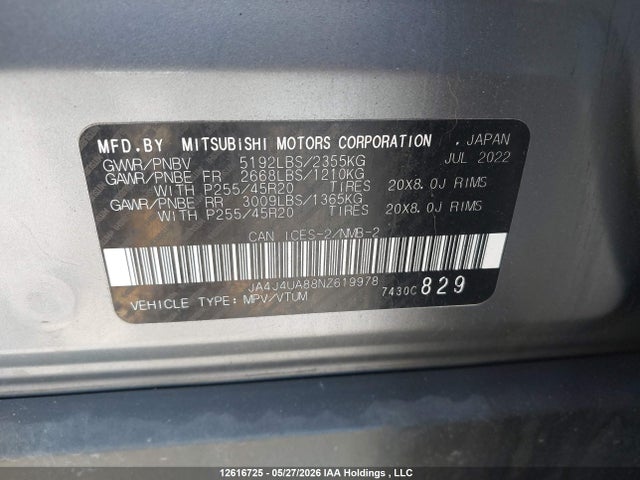 2022 Mitsubishi Outlander Se/black Edition მანქანა იყიდება აუქციონზე, vin: JA4J4UA88NZ619978, აუქციონის ნომერი: 12616725