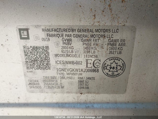 Продаж на аукціоні авто 2019 Chevrolet Traverse Lt, vin: 1GNEVGKW1KJ306968, номер лоту: 12616734