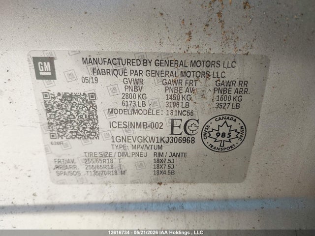 Продаж на аукціоні авто 2019 Chevrolet Traverse Lt, vin: 1GNEVGKW1KJ306968, номер лоту: 12616734