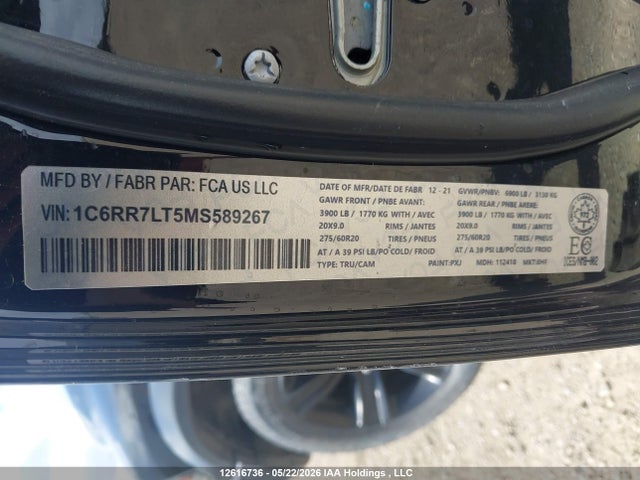 2021 Ram 1500 Classic Slt მანქანა იყიდება აუქციონზე, vin: 1C6RR7LT5MS589267, აუქციონის ნომერი: 12616736