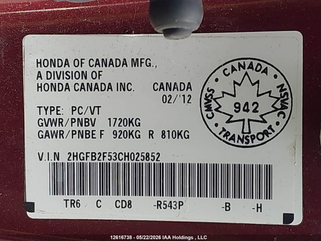 2012 Honda Civic Lx მანქანა იყიდება აუქციონზე, vin: 2HGFB2F53CH025852, აუქციონის ნომერი: 12616738